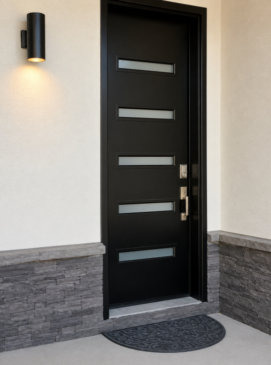 Modern black entry door with stone surround