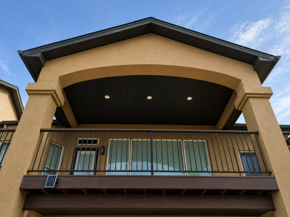 Stucco home with arched balcony and dark wood ceiling