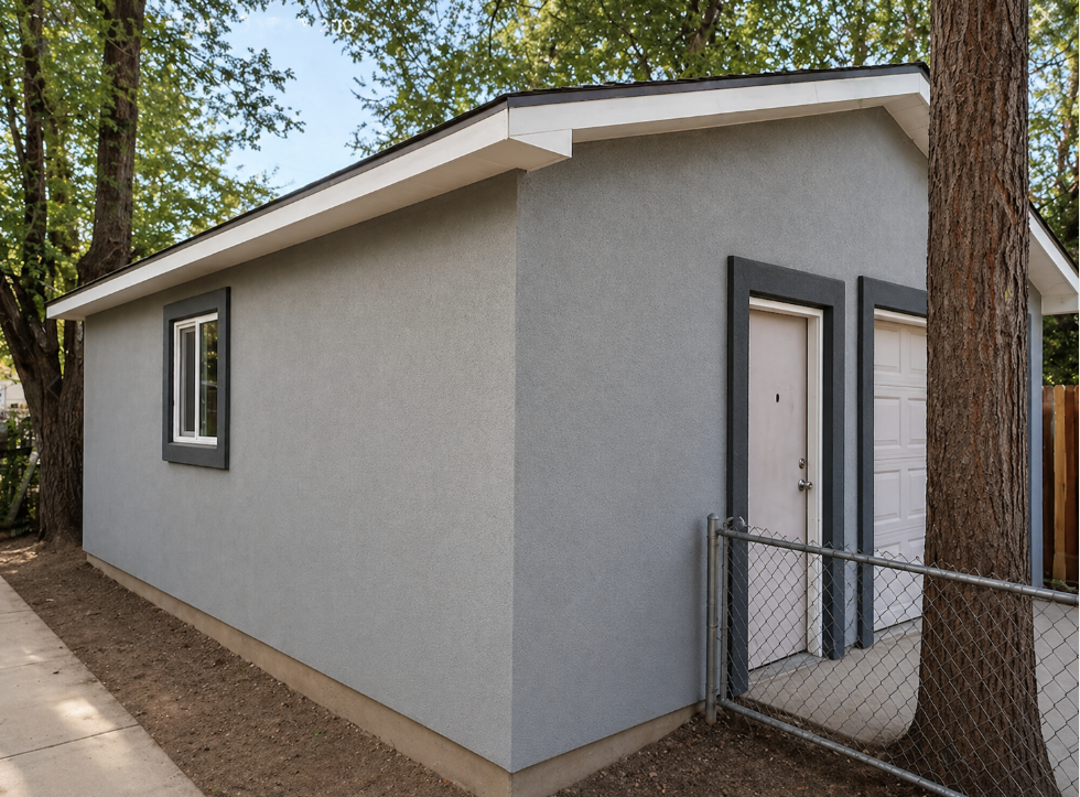 Gray stucco detached garage