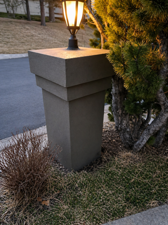 Stucco light pillar at end of driveway
